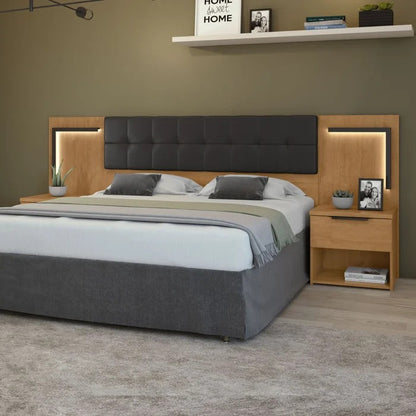 Cabeceira Casal Queen 160cm com 2 Mesas de Cabeceira e LED Calitan Amêndoa/Preto